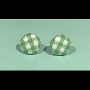 Green & White Gingham Fabric Button Earrings